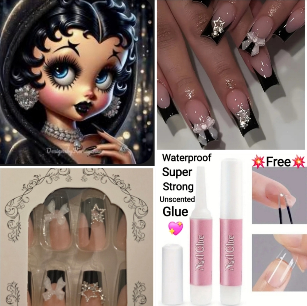 24pcs Black French Glossy Finish with 3D Crystal Bow & Star Charms Press-On Nail